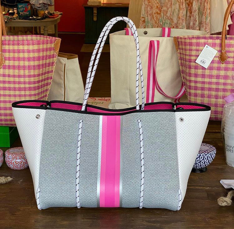 Grey White with Pink Stripe Neoprene Tote bag Peace Love Fashion