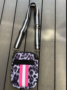 GREY/BLACK/PINK LEOPARD ZIPPER NEOPRENE PHONE HOLDER W/1.25" STRAP