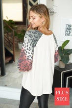 PLUS SIZE Long sleeve solid knit top with a round neck featuring a puff sleeve and a leopard print trim - Ivory or Olive