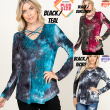 LONG SLEEVE CRISSCROSS V NECK ROUND HEM TIE DYE PRINT TOP PLUS SIZE - BLACK/IVORY, BLACK/BURGUNDY or BLACK/TEAL