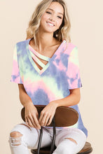 TIE DYE TERRY V NECK TOP WITH DOUBLE STRAP - charcoal tie dye or pastel tie-dye