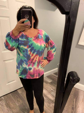 TIE DYE PRINT TERRY TOP WITH PUFF SLEEVES - FUCHSIA/CHARCOAL or FUCHSIA/DENIM