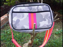 Grey Camoflauge with Lavender/Orange Stripe Neoprene Crossbody Bag 💜🧡