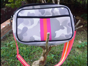 Grey Camoflauge with Lavender/Orange Stripe Neoprene Crossbody Bag 💜🧡