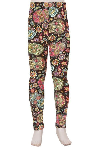 High waisted skull printed kids leggings with an elastic band.