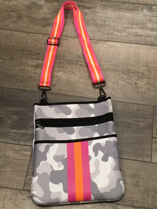 Grey Camo neoprene crossbody with Orange & Pink stripes 🧡💗