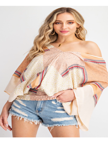 V Neck Scarf Print Kimono Top - Peach