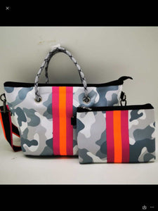 Grey Camo with Pink & Orange Stripe Mini cross shoulder neoprene bag