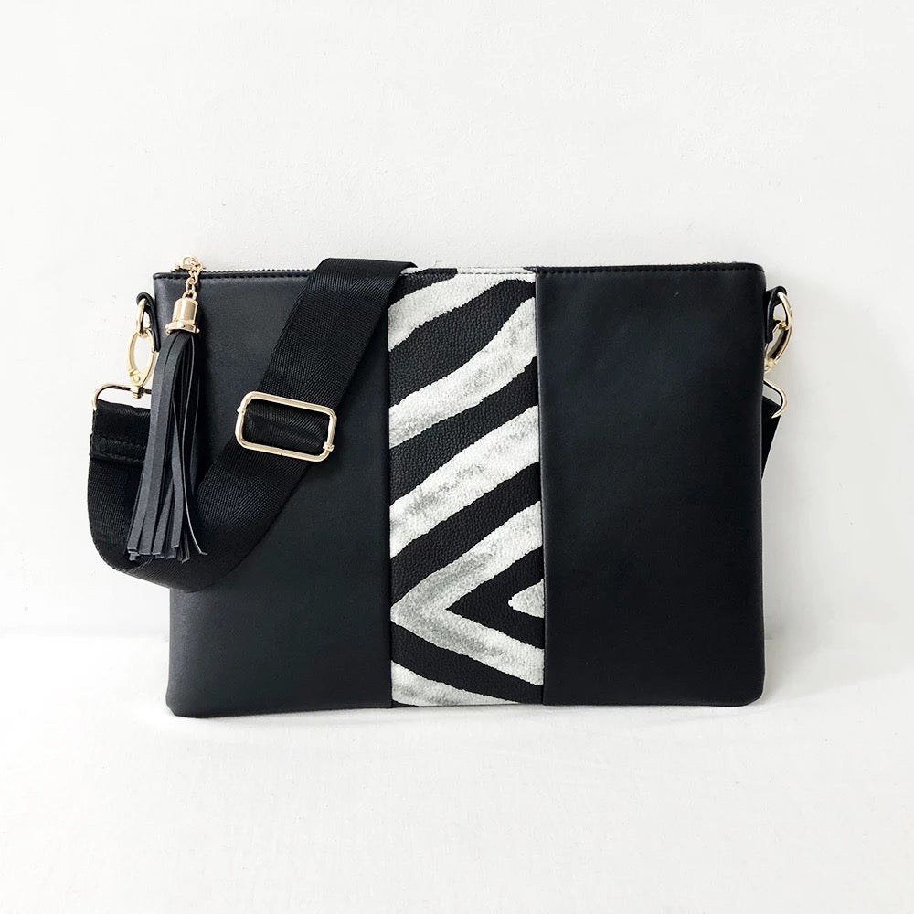 Vegan Leather Clutch/ Crossbody with Zebra Stripe - Black or Brown