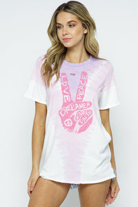 TIE DYE LOVE & PEACE DISTRESSED CUT TOP - WHITE /PURPLE