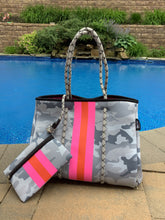 Grey Camouflage with Dark Orange/Pink Stripe Neoprene Tote bag 🧡💖