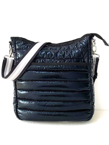 Puffer Crossbody with Striped Strap - Black, Silver or Gunmetal