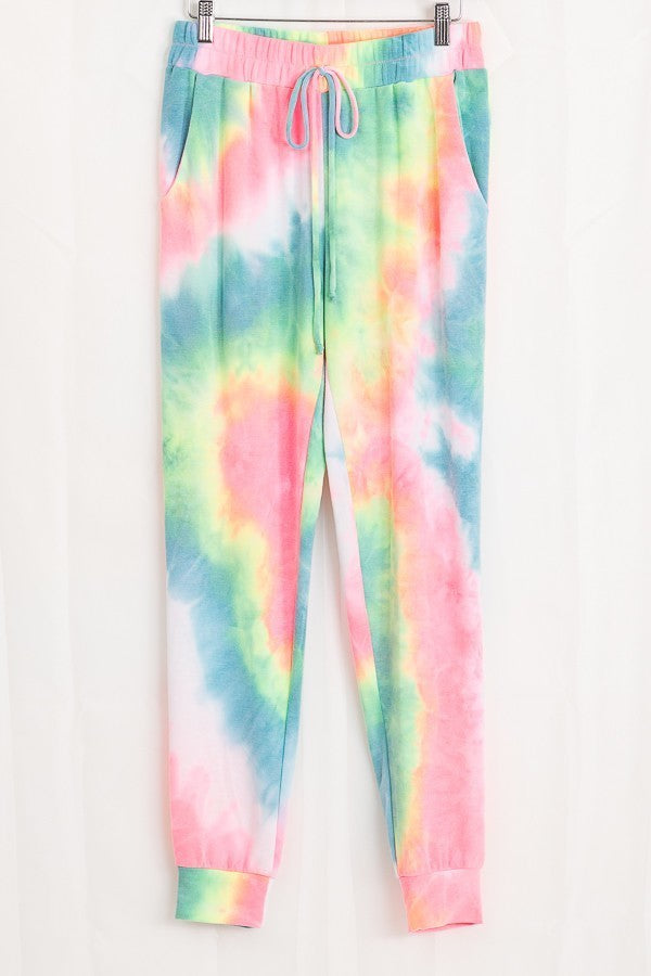 TIE-DYE JOGGERS WITH AN ELASTICIZED DRAWSTRING WAIST, SLANTED POCKETS AND BANDED ANKLE CUFFS - PASTEL MULTI