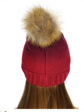 C.C Foldover Ombre Knit Beanie Hat with Faux Fur Pom Pom - Burgundy