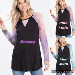 LONG SLEEVE SOLID AND TIE DYE PRINT CONTRAST TOP - ASSORTED COLORS