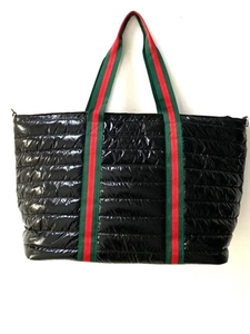 Black Metallic Puffer Nylon Tote with Green & Red Stripe