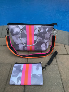 Grey Camo with Pink & Orange Stripe Mini cross shoulder neoprene bag