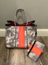 Grey Camouflage with Neon Orange/Pink Stripe Neoprene Tote bag 🧡💖