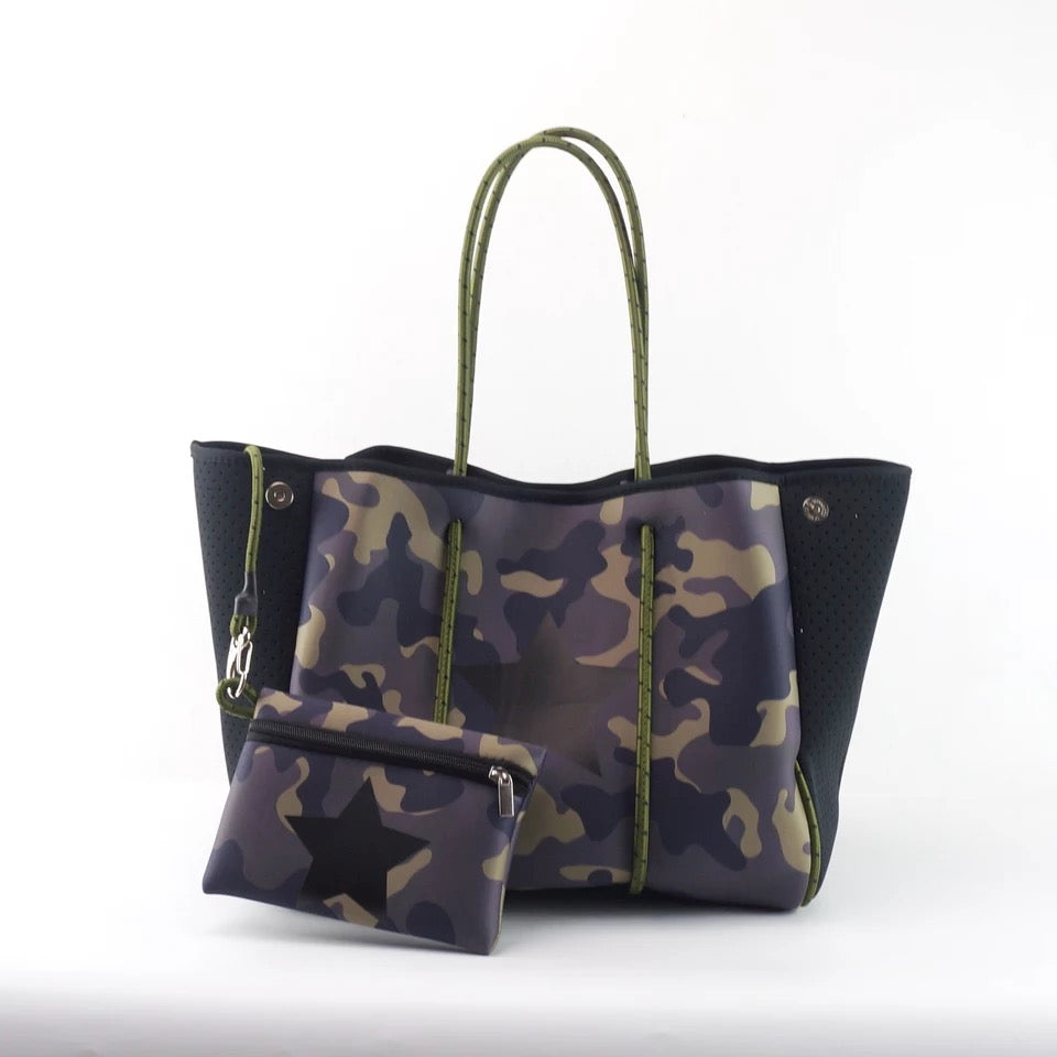 Army Camo with Black Star Neoprene Tote