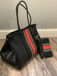 Black Metallic with Red & Green Stripe Neoprene Tote ❤️💚🖤