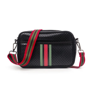 Metallic Black Neoprene Green & Red Stripe Crossbody Bag