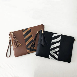 Vegan Leather Clutch/ Crossbody with Zebra Stripe - Black or Brown