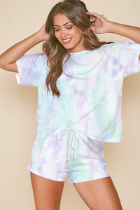 Tie-dye print knit shorts. Finished with elasticized waist and drawstrings - Mint Multi