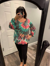 TIE DYE PRINT TERRY TOP WITH PUFF SLEEVES - FUCHSIA/CHARCOAL or FUCHSIA/DENIM