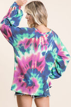 TIE DYE PRINT TERRY TOP WITH PUFF SLEEVES - FUCHSIA/CHARCOAL or FUCHSIA/DENIM