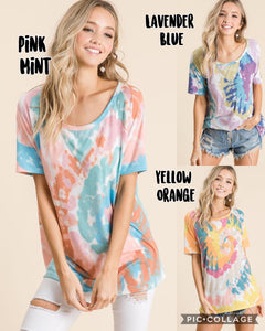 TIE DYE PRINT KNIT TOP WITH RAGLAN SLEEVES - Lavender/Blue, Yellow/Orange or Peach/Mint