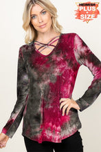 LONG SLEEVE CRISSCROSS V NECK ROUND HEM TIE DYE PRINT TOP PLUS SIZE - BLACK/IVORY, BLACK/BURGUNDY or BLACK/TEAL