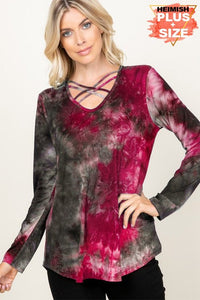 LONG SLEEVE CRISSCROSS V NECK ROUND HEM TIE DYE PRINT TOP PLUS SIZE - BLACK/IVORY, BLACK/BURGUNDY or BLACK/TEAL