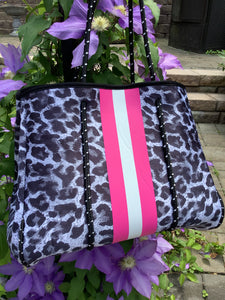 Grey/Black Leopard Neoprene Tote with Pink Stripe