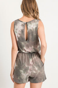 RAYON FRENCH TERRY TIE-DYE ROMPER WITH A V NECKLINE, OPEN BACK, SLEEVELESS, ELASTICIZED WAIST WITH DRAWSTRINGS, AND SLANTED POCKETS - CHARCOAL or OLIVE