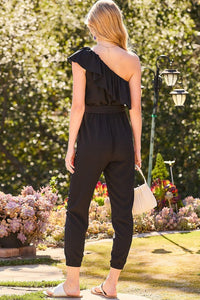 One Shoulder Ruffle Elastic Waist Belt Tie Side Pocket Solid Jumpsuit - Black