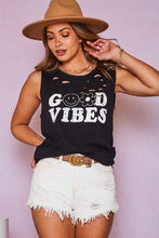 Distressed 'GOOD VIBES' Graphic Tank Top - Black