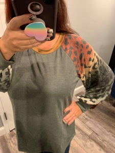 PLUS SIZE Long sleeve solid knit top with a round neck featuring a puff sleeve and a leopard print trim - Ivory or Olive