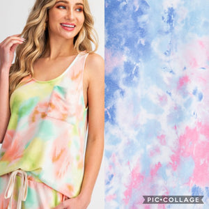 TIE DYE FRENCH TERRY DRAPED CHEST POCKET TANK TOP - Lime/Peach 💚🧡 or Blue /Pink 💙💗