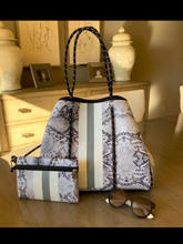 Snakeskin Neoprene Tote With Grey Stripe & Silver Side Panels