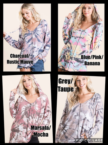 TIE DYE PRINT TERRY HOODIE WITH CONTRAST STITCHING DETAIL - ASSORTED COLORS