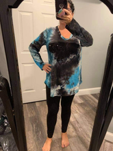 PLUS SIZE LONG SLEEVE TIE DYE PRINT TOP WITH BLACK SEQUIN POCKET - BLACK/TEAL or a BLACK/TAN