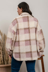 PLUS PLAID SHERPA JACKET - LIGHT PINK OR LIGHT GREY MULTI