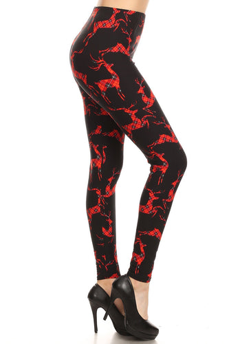 Plaid Reindeer Silhouette Printed OS Leggings