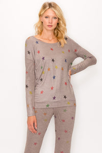 MULTI COLOR STAR PRINT CREW - GREY or STONE