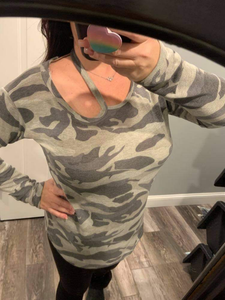 CAMOUFLAGE PRINT ROUND NECKLINE LONG SLEEVE TOP WITH CUTOUT SHOULDER DETAIL- ARMY GREY or ARMY OLIVE