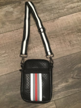 BLACK WITH RED, GREY & WHITE STRIPE MULTI ZIPPER NEOPRENE PHONE HOLDER W/1.25" STRIPE STRAP