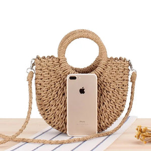 Summer Straw Woven Bags Round Handle Shoulder/ Clutch - Natural or Taupe