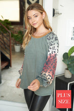 PLUS SIZE Long sleeve solid knit top with a round neck featuring a puff sleeve and a leopard print trim - Ivory or Olive