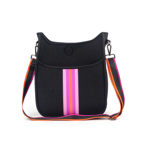 Black Neoprene Messenger Bag with Pink & Orange Stripe