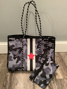 Grey Camo Star with Black & White Stripe Neoprene Tote